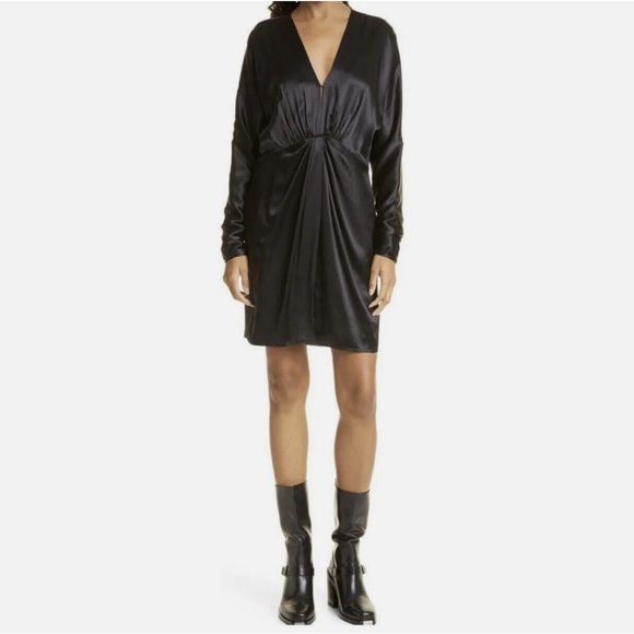 rag & bone Dresses & Skirts - rag & bone  Black Silk Satin "Eloise" Gathered Ruched V Front Mini Dress